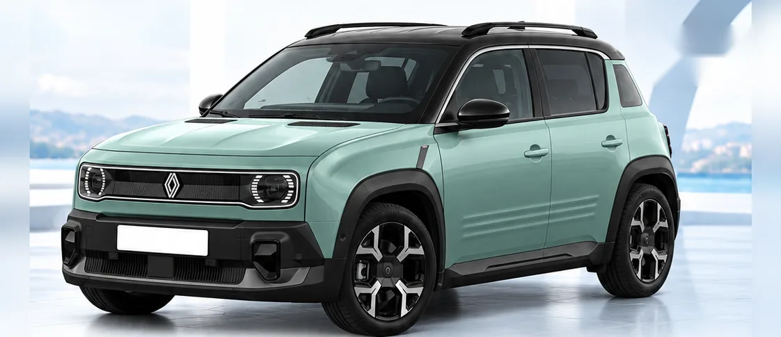 Renault 4 E-Tech electric, front three-quarter view. Image for illustration; specification and colour may differ.