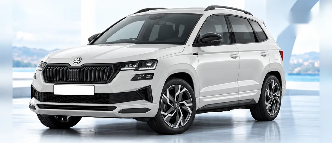 Skoda Karoq, front three-quarter view. Image for illustration; specification and colour may differ.