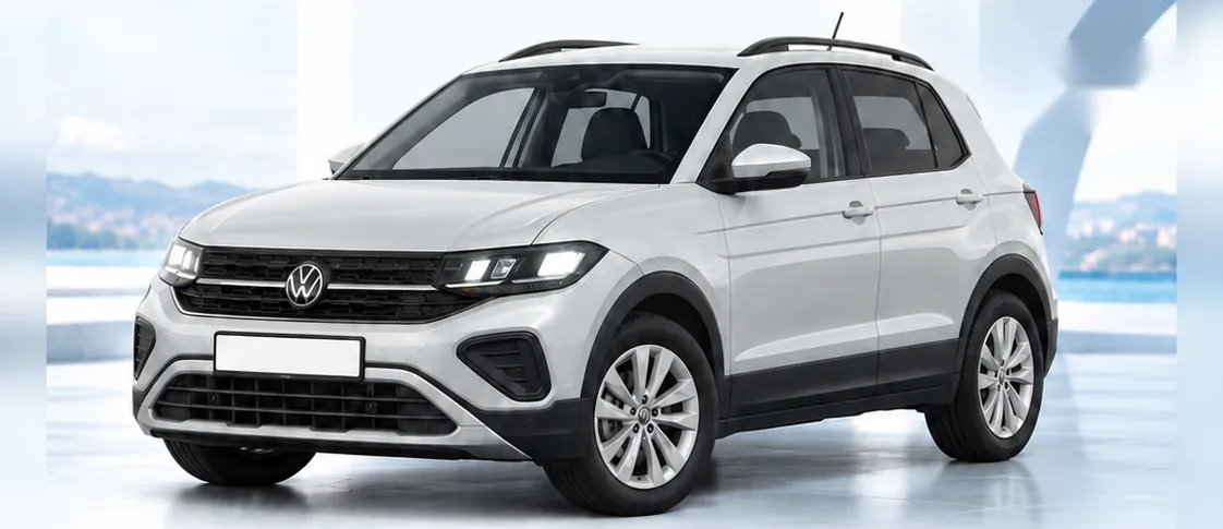 Volkswagen T-Cross, front three-quarter view. Image for illustration; specification and colour may differ.
